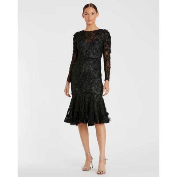 Mac Duggal Dresses & Skirts - Mac Duggal 67703 Black Floral Appliqué Long Sleeve Cocktail Midi Dress Size 16